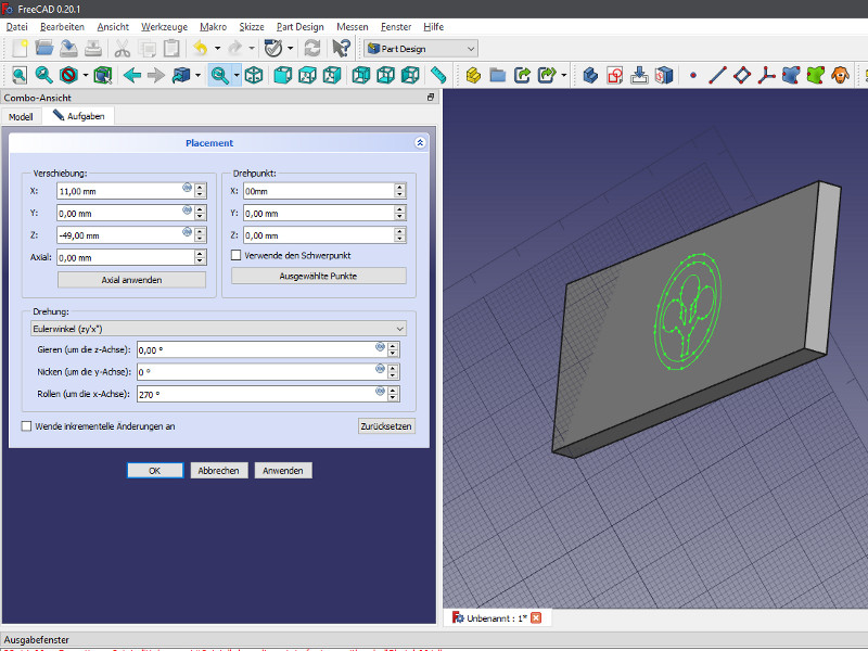 FreeCAD positionieren der Skizze via Menü 2